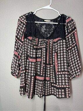 Soprano Black Tunic with Pink and Cream Geometric Print and Lace Yoke